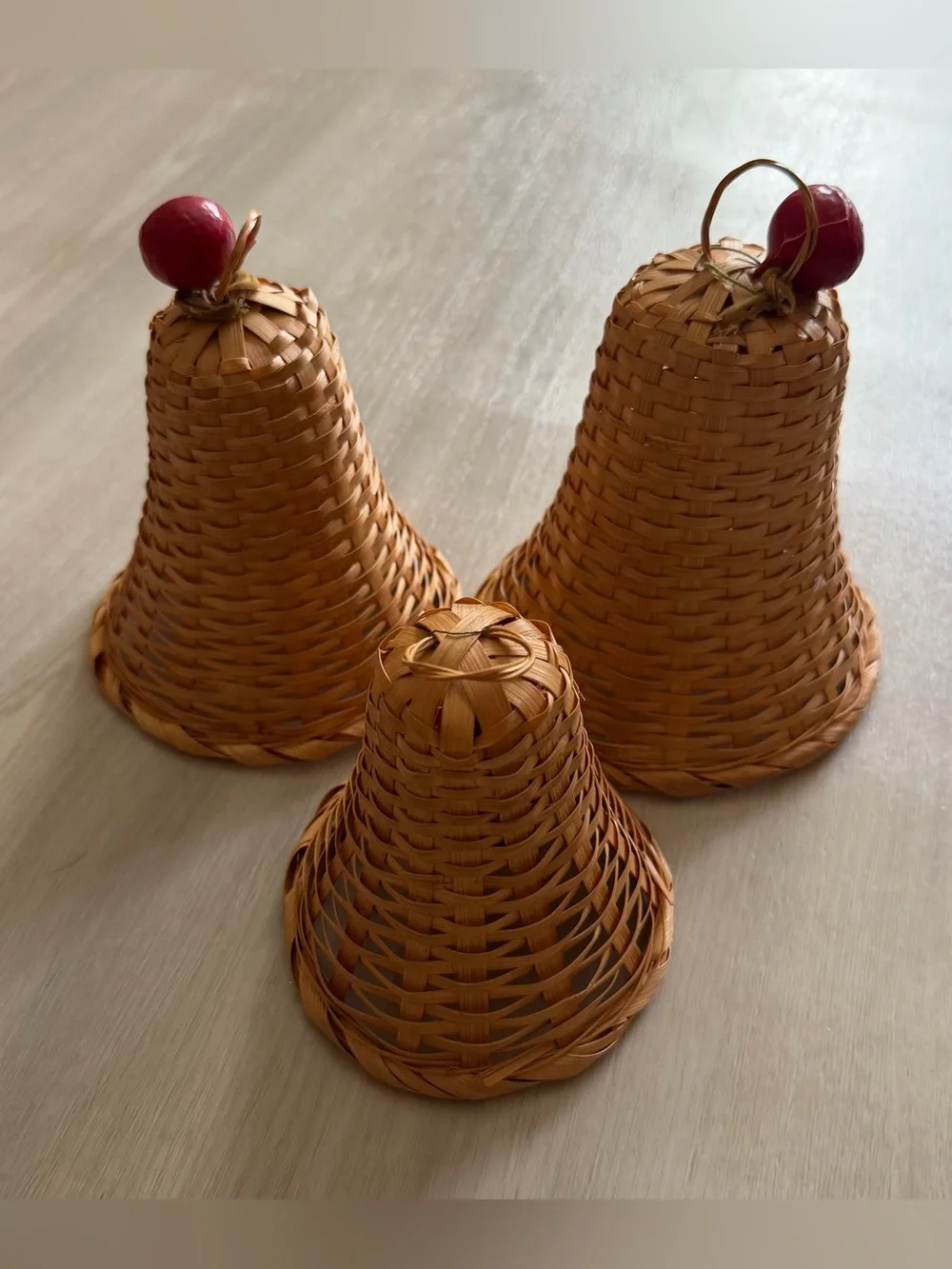 Vintage Holiday Wicker Bells Set of Rustic Christmas Boho